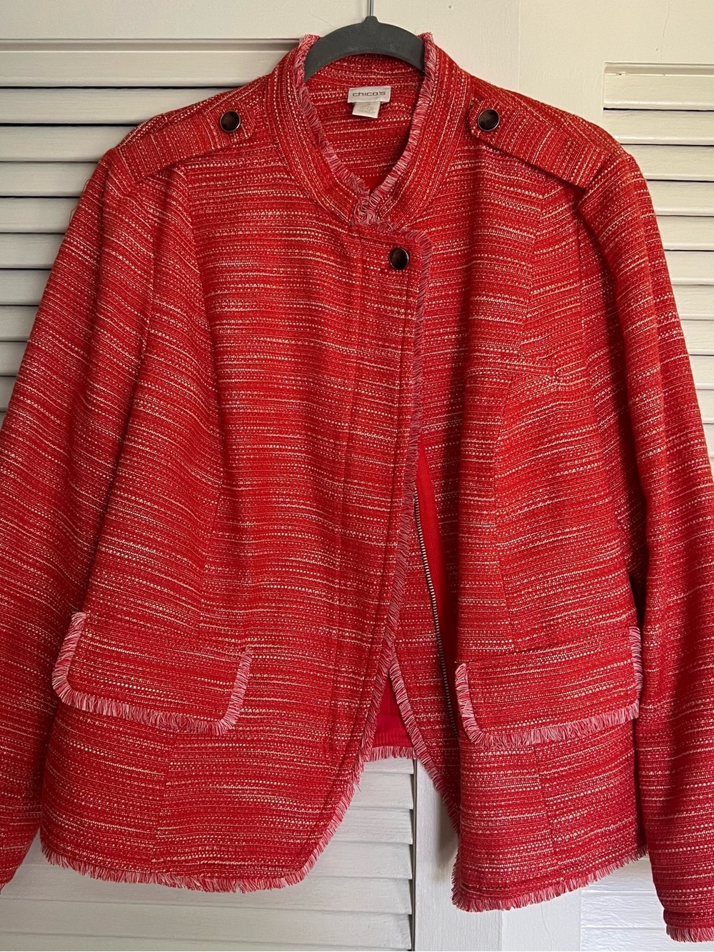 Chico's Vibrant Coral Bouclé Fringe Jacket
